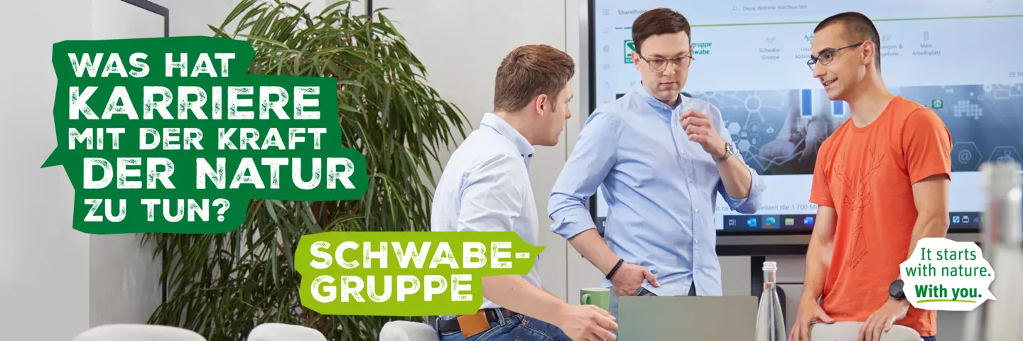 Drei Männer im Besprechungsraum unterhalten sich. In einer grünen Sprechblase wir gefragt: "Was hat Karriere mit der Kraft der Natur zu tun?" Eine andere hellgrüne Sprechblase gibt darauf die Antwort "Schwabe-Gruppe"