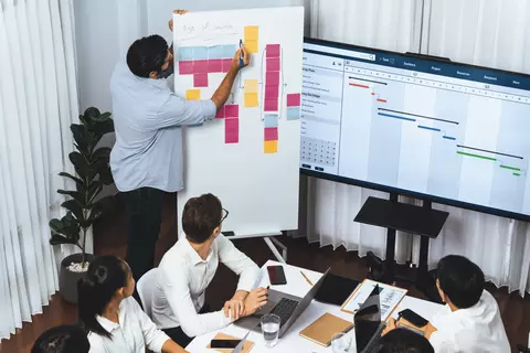 Ein Team zeichnet auf einem Whiteboard